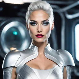 2010s amateur halloween star trek color photograph of very white Gal Gadot as Space Alien Mrs. Claus as a Silver young shutdown android villain standing in north pole workshop. Gal Gadot as star trek seven of nine. Stern emotionless silver robot stitched bride-of-frankenstein. Wearing silver lipstick, thick silver eyeshadow and mascara. Conical Bride of Frankenstein Hair. Bolts in ears. Hair made of toy plastic. Velvet black suit with silver armor. Has small radio antennae in place of ears. She