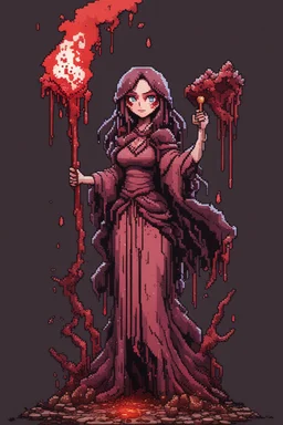 Girl wizard, fullbody, behind blood guts rising from the ground, 8bits, pixel art,