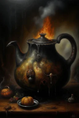 Living witches kettle, slightly demonic, prize winning oil painting