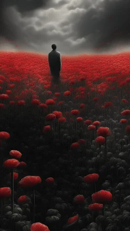 Bosch nightmares paining style Title:a field of poppies all colored in black and white, on red rose standing in the middle , 8k artistic photography, photorealistic concept art, soft natural volumetric cinematic perfect light, chiaroscuro, award-winning photograph, masterpiece, oil on canvas, Raphael, Caravaggio, Greg Rutkowski, people, beksinski, Giger