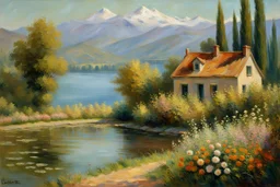 Sunny day, mountains, river, distant house, flowers, trees, claude monet and charles leickert impressionism paintings