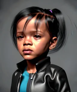 Rihanna toddler, full body, leather jacket, soft skin, dramatic lighting, hyper realistic