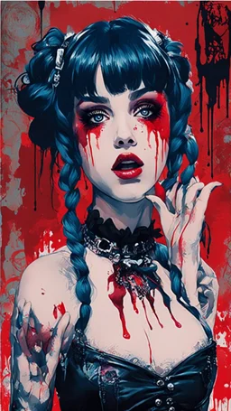 Poster in two gradually, a one side malevolent goth vampire girl face and other side the Singer Melanie Martinez face, full body, painting by Yoji Shinkawa, darkblue and red tones,