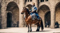 king on his horse in the castle courtyard