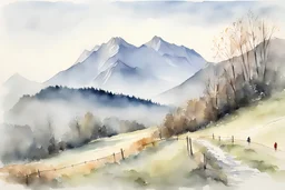 watercolor painting by Velky Rozsutec mountain, Mala Fatra, Slovakia, View from Stefanova village, by Michał Jasiewicz, Valentina Verlato,Blanca Álvarez. Truly Masterpiece Of Art, Golden Hour, Masterpiece, Alluring Expression, Intricate Artwork