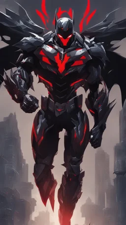 A close picture to Mix between transformers and batman and symbiote venom in solo leveling shadow art style with red details detailsis in fantasy world