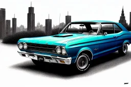 a true-to-life 1967 Ford Falcon XR GT, centered, intricate, extreme detailed, photorealism, center view, city background, pivot on ford, pen and color marker, painting by cheryl kelley