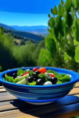Greek salad with lettuce and black olives in a blue glazed bowl on a wooden table with the hills of grease in the background with all of the trees and rolling green hills