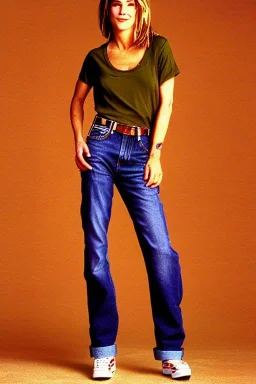 year 1996 denim fashion. Loose fit, low waist, baggy. Combat pants and t-shirt. Colors: denim blue, blue, purple, khaki, light green, lilac, plum, orange, terracotta, red, pink, dark blue, beige. Patterns: cheetah, balls, stripes. Women models. Sharon Stone, Sandra Bullock, Winona Ryder, Milla Jovovich, Big tennis shoes on. Latex in small part, areas, clothes..Combat pants. Leg warmers.