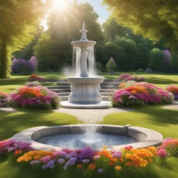 A romantic, bright place with a bench and fountain, lots of colorful flowers all on a sunny meadow. Water flows from the fountain