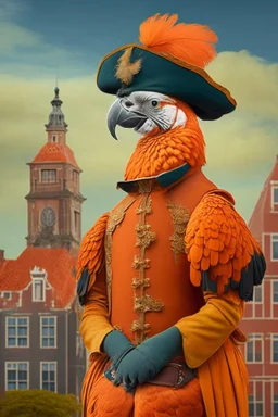 Half parrot half human in a 1700s Orange Dutch uniform next to a Dutch city