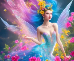 beautiful bright happy fairy portrait with long hair, thin face, two hands, two transparent wings on her back in a pink,blue, yellow flowers background,