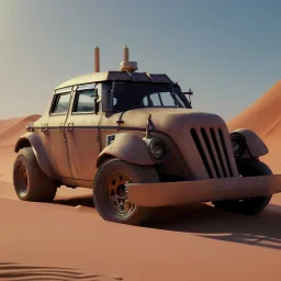 3d rendering. futuristic steampunk car. Buried in desert sand. Lost in Time