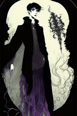 17 year old boy, necromancer, friendly, looks dead, surrounded by weird smoke with eyes, wearing black robes, in the style of Harry Clarke