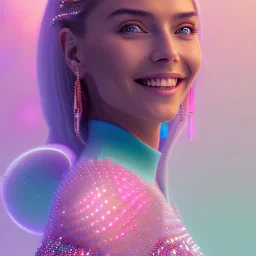 A portrait of a crystalised girl,smiling, laughting longs thin hairs blue, atmospheric, realistic,, cinematic lighting, octane render,, pink turquoise light, white skin, pink atmosphere, nice smile, jewels brillant, blue eyes, soft face, big smile, very happy, 8K hight quality, bright eyes light, pink silk dress, wrings fairies