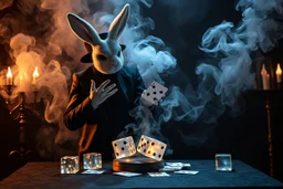 ai magic show presentation wow effect smoke bunnies awesome awesome yoga magician with scary hat on awake within a dream inside a saw blade Alice in wonderland and cards and big transparent dices