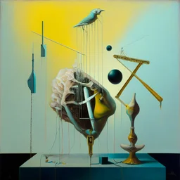 Abstract painting formed by a mix of human flesh-like surgical instruments and universe-like neuralink,strange musical instruments,minimalism,Painting By Adrian Ghenie, Rene Magritte, Salvador Dali, Lucian Freud