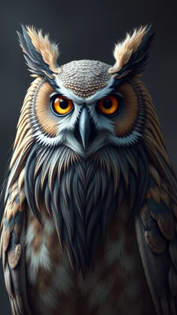 An owl with human look face and long hair and beard looks like an ancient Sumerian gods