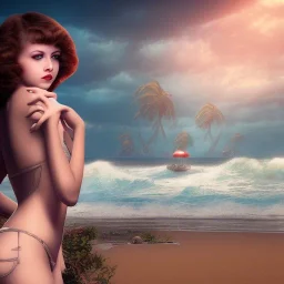 Aaron Carter with sexy Clara Bow, stormy seas, two people, Aaron Carter, romance, romantic, water, swimming, DAZ3D, by Michael Turner, soft lips, cinematic lighting, studio lighting, shine, 4K, fantastic view, girls at beach with her.