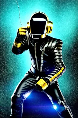 Metallic Cyber-punk man with camera-mask, old AKG-style headphones, golden rings. Fencing mask covers cheeks. Good body shape, Karate. Body and head full of integrated. old-fashioned cameras. Ancient silver telephone attached to perfect body, trunk. 5th dimensional Escher tiling background. Daft Punk, Tron Movie. Matrix movie, black leather jacket, tippet. Black latex areas in leather surfaces body. 1990's. Ancient AKG-microphone as mouth. Closely packed holes. Minimalistic fashion haute coutur