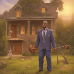 African American man lifting dumbells in front of his house at twilight