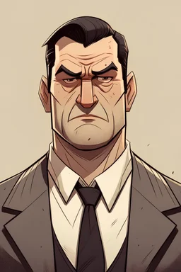 a large man, short dark hair, square head and broad shoulders; bouncer look