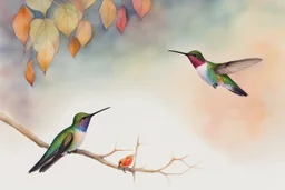 closeup, a colorful hummingbird family perched in the canopy, the siblings eating (opened mouth, the mother feeding them), twilight, looking down on the river through the canopy of a tree, on a misty twilight. over a misty pond in the hieght of fall. Watercolour by Alison Brady. Pastel colours S<AI in sunshine, ethereal, otherwordly, cinematic postprocessing