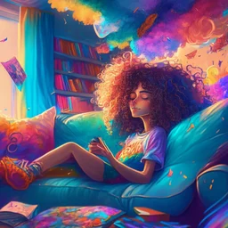 A beautiful girl with curly hair is sitting on the sofa in her room and her beautiful and colorful dreams are flying around the room. A room full of joy and passion and color, digital art, anime, 4k, full details, high resolution