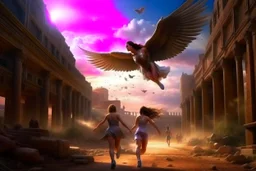 View of Elysium with winged females flying over people running away in fear