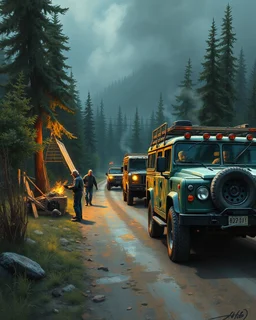 Bosch painting style ,nightmare, a lot of blacksmiths with hummer’s working on a trail road