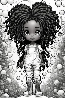 Create an coloring page of a psychedelic illustration of a chibi cartoon black young girl wearing overalls and boots. . Highly detailed sister locs. Background of a large bubbles and butterflies all around her, black and white