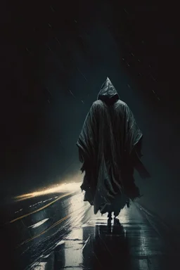 A man walking on a dark and scary road, wearing a robe over his head, and it is raining, and the wind is blowing his clothes