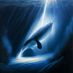 A dramatic, chiaroscuro-style acrylic painting of a powerful narwhal hunting its prey in the depths of the ocean, with stark contrasts between light and shadow to emphasize the intensity and raw beauty of the scene