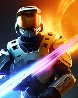 Halo, master chief, holding an energy sword fighting a hunter in a pelican