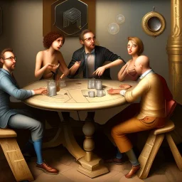 five friends, two men, three women, coffe laboratory, sitting, table