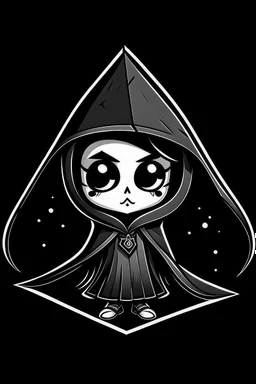 chibi skeleton in a black hooded cloak drawn in a retro mascot cartoon style, inside a light diamond shape on a black background, monochromatic