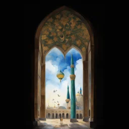 man like the Prophet Muhammad see the jamkaran mosque in Iran has more blue green color and gold for pattern islamic in the dome . one big domes with beautiful lighting . white Daffodil flower in the floor , clouds with small birds in sky with crescent moon of ramdan . painting watercolor ,simple and islamic style , Painting watercolor