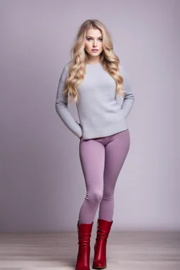 beautiful 18 year old girl with ash blonde hair and blue eyes with her curvy hair down, wearing a long-sleeved woollen top, and lilac long leggings, with long red boots full body shot