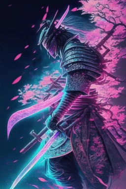 Mystical samurai emitting an aura of transparent dragons with a long, neon sword emitting an aura