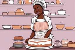Craft a digital image of a Nigerian female cake baker, embodying her resilience and entrepreneurial spirit, symbolized by her apron. Show her nurturing nature as she shares her baking knowledge and empowers other women in her community to pursue their dreams