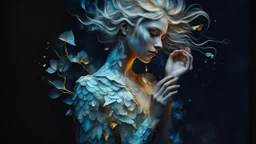 old paper worn edges, Fantastic blonde - mother nature, her skin is scales, golden tears, hyperrealism, sharp focus, 8K, hyperrealist, ultra HD, textured textures, alcohol ink, fine rendering,