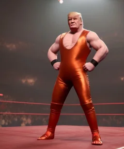 Wrestler Donald trump, wrestling, red breeches, suspenders, retro style, 80s, hot ambient, photo studio, vibrant color, gradient, highly detailed, art stations, concept art, smooth, unreal engine 5, god rays, ray tracing, RTX, lumen lighting, ultra detail, volumetric lighting, 3d, finely drawn, high definition, high resolution.