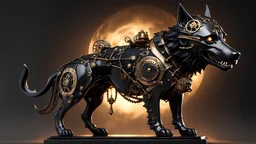 a full body steampunk black marble and alabaster 3D Metal sculpture of a hellhound, award-winning replica, vibrant, magical realism, moody, atmospheric, dynamic lighting, back lit, 8k, trending in Artstation, deviantArt