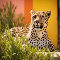 happy leopard outside in front of intense colors wall. sunny day. photographic. water swan swimming
