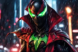 Spawn in 8k anime realistic drawing style, close picture, rain, neon lights, intricate details, highly detailed, high details, detailed portrait, masterpiece,ultra detailed, ultra quality