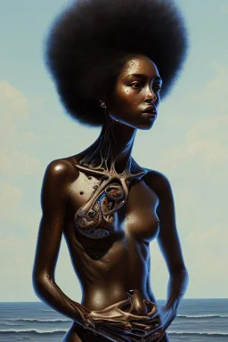 a painting of a young woman, by giacometti, textured, anatomically correct, beautiful perfect face, black skin, long curly hair, bikini, sharp focus, highly detailed. desolate background. the royal tenenbaums aesthetic