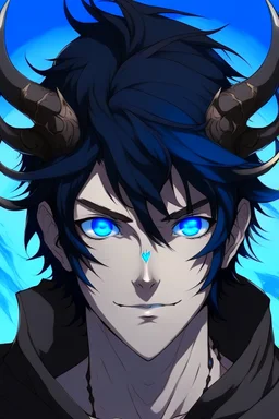 An anime male demon with dark, messy, black hair, black horns, and bright blue eyes.