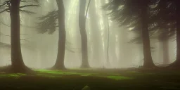 Deep forest with tall trees, misty, light rays, day time, bushes