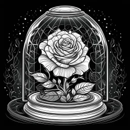 Make black and white cute drawing of a Enchanted Rose with black bold lines. Only outline, no grayscale. A single, glowing rose inside a glass dome with sparkles surrounding it. The petals can have a soft, magical glow, and the base of the dome is decorated with intricate carvings or magical runes.