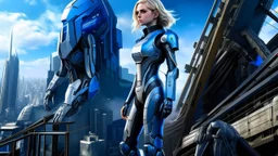 A full-body photograph of a young, slender woman with blond shoulder-length hair in a sleek blue jumpsuit, with an android in a huge metal exosuit with a helmet standing guard beside her, standing in a futuristic cityscape with advanced spacecraft behind them